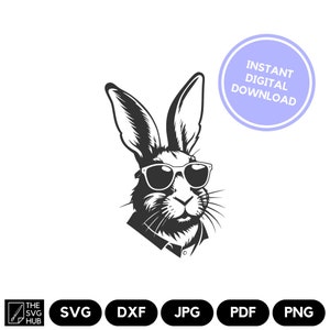 Puede incluir: Ilustración en blanco y negro de un conejo con gafas de sol. El conejo lleva una camisa con cuello. La imagen tiene el texto "INSTANT DIGITAL DOWNLOAD" en un círculo.