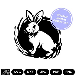 Puede incluir: Ilustración en blanco y negro de un conejo dentro de un diseño circular negro. El conejo es blanco con orejas largas y rasgos faciales detallados. Un círculo morado claro con el texto "INSTANT DIGITAL DOWNLOAD" está en la parte superior derecha. Se incluyen iconos de tipo de archivo.