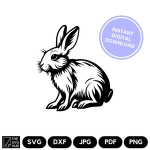 Puede incluir: Ilustración en blanco y negro de un conejo sentado. La imagen presenta detalles intrincados y el texto "INSTANT DIGITAL DOWNLOAD" en un círculo morado claro. Iconos de tipos de archivo: SVG, DXF, JPG, PDF y PNG.