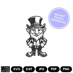 Puede incluir: Ilustración en blanco y negro de un duende sonriente con un sombrero y las manos detrás de la espalda. La imagen incluye el texto "INSTANT DIGITAL DOWNLOAD".