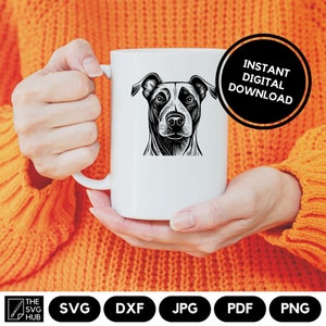May include: White ceramic mug with a black and white illustration of a dog's head. The dog has a short, pointed snout and floppy ears. The mug is being held by a person's hands. "INSTANT DIGITAL DOWNLOAD" is written in a circle on the right side of the image.