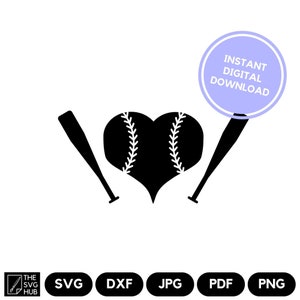 May include: Black and white silhouette of a baseball with stitching, in the shape of a heart, with two baseball bats on either side.