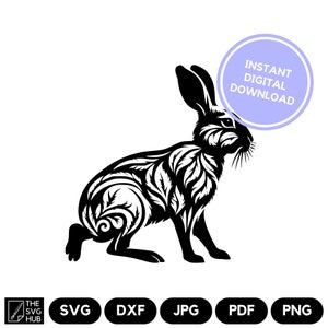 Puede incluir: Silueta en blanco y negro de un conejo con un patrón floral. El conejo está sentado sobre sus patas traseras con sus patas delanteras metidas. La imagen está sobre un fondo blanco. El texto "INSTANT DIGITAL DOWNLOAD" está en un círculo morado.