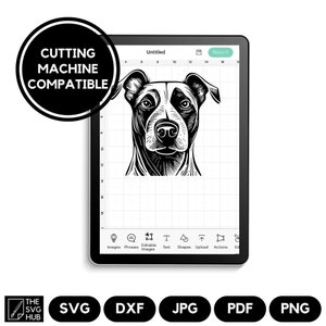 May include: Black and white digital illustration of a dog's head. The image is on a white background with a grid overlay. The text "CUTTING MACHINE COMPATIBLE" is in a circle in the upper left corner of the image. The text "Untitled" is in the upper center of the image. The text "Make It" is in the upper right corner of the image.