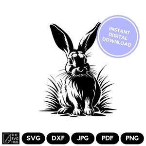 Puede incluir: Silueta en blanco y negro de un conejo sentado en hierba alta. El conejo está mirando directamente al espectador. La imagen es una descarga digital.