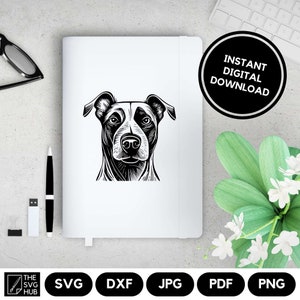 May include: Black and white line art illustration of a dog's head. The dog has a short, smooth coat and a serious expression. The image is suitable for use as a digital download for crafting projects.