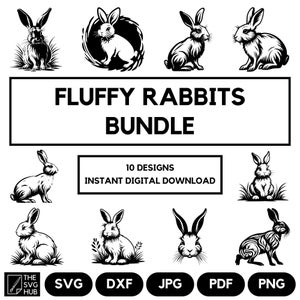 Puede incluir: Un conjunto de 10 ilustraciones digitales en blanco y negro de conejos esponjosos en varias poses. Las ilustraciones son perfectas para proyectos de manualidades, scrapbooking y mucho más. El texto "FLUFFY RABBITS BUNDLE" y "10 DESIGNS INSTANT DIGITAL DOWNLOAD" está incluido en la imagen.