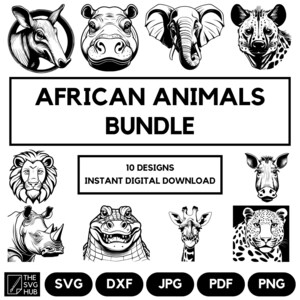 10 African Animals SVG Bundle - Raccolta dettagliata di file di taglio - Download digitale immediato - Per biglietti, scrapbooking, magliette, diari spazzatura