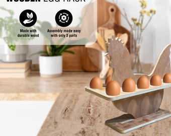 Estante para huevos de madera con forma de gallina, decoración de cocina rústica.