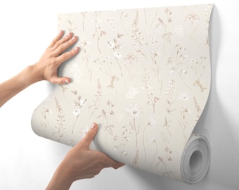 Vintage floral wallpaper, Cottagecore peel and stick wallpaper, pre-pasted wallpaper, farmhouse wall paper, kitchen wallpaper, Cream