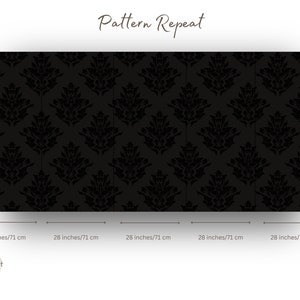 May include: A black and white damask pattern that repeats. The pattern is 28 inches wide and 28 inches tall.