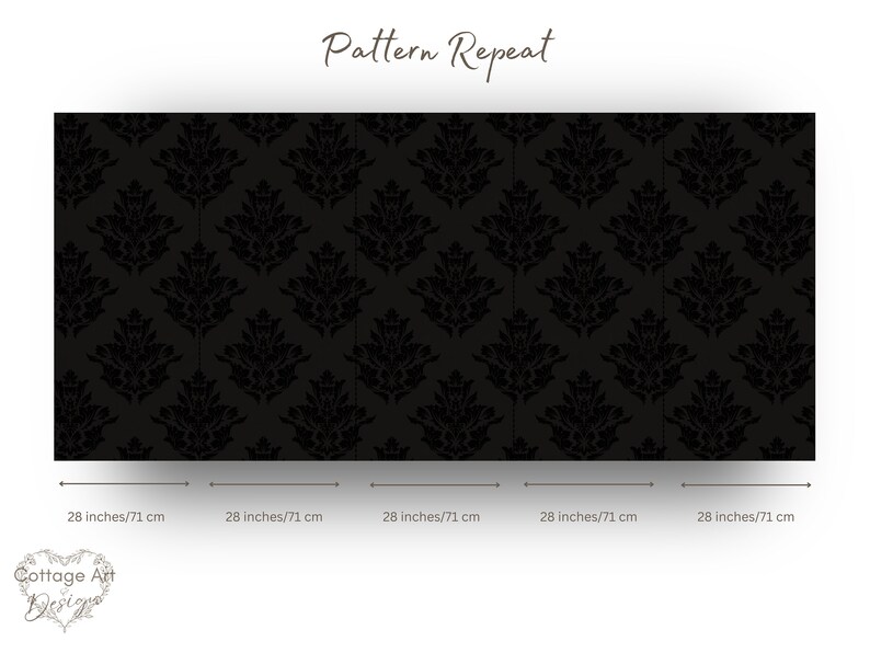 May include: A black and white damask pattern that repeats. The pattern is 28 inches wide and 28 inches tall.