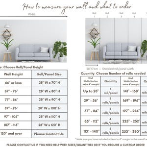 May include: A chart showing how to measure a wall and how many rolls of wallpaper are needed for different wall sizes. The chart shows wall height in inches and the corresponding roll size in inches. The chart also shows wall width in inches and the corresponding number of rolls needed. The chart is titled "How to measure your wall and what to order".