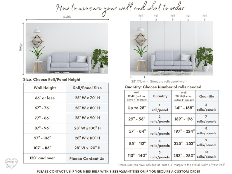 May include: A chart showing how to measure a wall and how many rolls of wallpaper are needed for different wall sizes. The chart shows wall height in inches and the corresponding roll size in inches. The chart also shows wall width in inches and the corresponding number of rolls needed. The chart is titled "How to measure your wall and what to order".