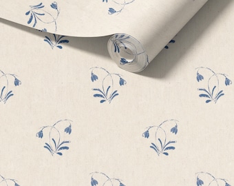 Blue floral wallpaper, snowdrop wallpaper, botanical wallpaper, bedroom wallpaper, girl's room wallpaper, ditsy wallpaper, peel and stick