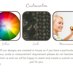 May include: A graphic showing three options for customizing a design: color, scale, and measurements. The color option shows a color wheel. The scale option shows a pattern of leaves. The measurements option shows a person using a measuring tape.
