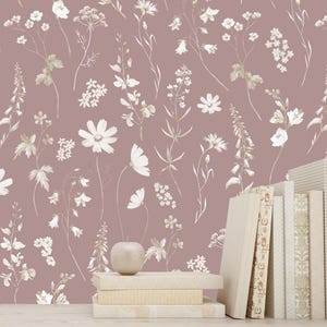 Dusky pink vintage floral wallpaper, Cottagecore peel and stick wallpaper, pre-pasted wallpaper, farmhouse wall paper, kitchen wallpaper