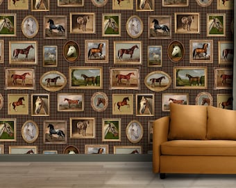 Horse wallpaper, horse portrait wall paper, fun horse wallpaper, horse wallpaper peel and stick, classy horse wallpaper, cloakroom wallpaper