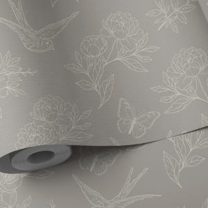 Carta da parati toile grigia, carta da parati vintage per camera da letto, carta da parati floreale staccabile e attaccabile, carta da parati toile de jouy, carta da parati botanica, marrone