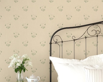 Green floral wallpaper, snowdrop wallpaper, botanical wallpaper, bedroom wallpaper, girl's room wallpaper, ditsy wallpaper, peel and stick