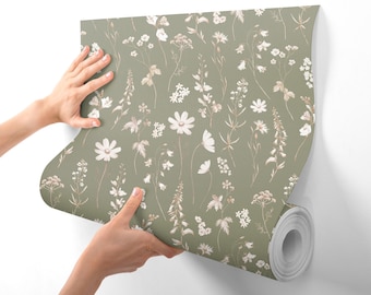 Vintage floral wallpaper, Cottagecore peel and stick wallpaper, pre-pasted wallpaper, farmhouse wall paper, kitchen wallpaper, wildflowers