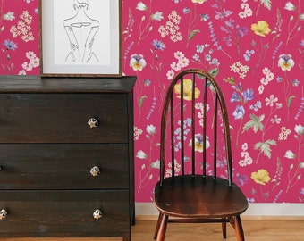 Summer meadow wall mural, cozy cottage floral peel and stick wallpaper, botanical wallpaper pink, wallpaper peel and stick modern farmhouse