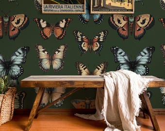 Fondo de pantalla de mariposa, fondo de pantalla retro verde oscuro, fondo de pantalla funky, fondo de pantalla maximalista, fondo de pantalla de inquilinos, fondo de pantalla extraíble, decoración de pared
