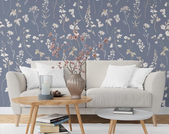 Cottage core peel and stick wallpaper, vintage floral wallpaper, pre-pasted wallpaper, farmhouse wall paper, kitchen wallpaper, blue decor