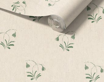 Green floral wallpaper, snowdrop wallpaper, botanical wallpaper, bedroom wallpaper, girl's room wallpaper, ditsy wallpaper, peel and stick