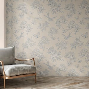 Papel de parede azul toile, papel de parede vintage para quarto, papel de parede floral removível e adesivo, papel de parede toile de jouy, papel de parede botânico