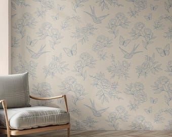 Papel pintado toile azul, papel pintado vintage para dormitorio, papel pintado floral despegable y adhesivo, papel pintado toile de jouy, papel pintado botánico