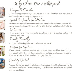May include: A collage of images showcasing the benefits of using peel and stick wallpaper. The text reads "Why Choose Our Wallpapers?"  "Unique & Bespoke" "Quick & Simple Installation" "No Mess" "Family Friendly" "Perfect for Renters" "Quality Control"