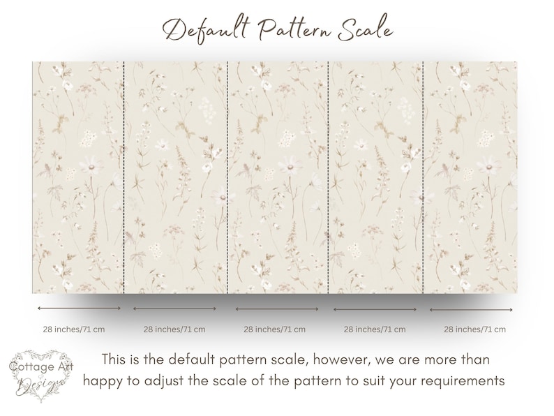 May include: A floral pattern wallpaper design with a beige background and white flowers. The wallpaper is shown in five sections, each measuring 28 inches by 71 inches. The text "Default Pattern Scale" is at the top of the image. The text "This is the default pattern scale, however, we are more than happy to adjust the scale of the pattern to suit your requirements" is at the bottom of the image.