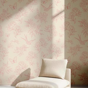 Rosa Toile Tapete, Vintage Tapete für Schlafzimmer, florale Tapete zum Abziehen und Aufkleben, Toile de Jouy Tapete, botanische Tapete