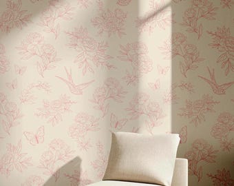 Pink toile wallpaper peel and stick pink floral wallpaper for nursery girl wall paper for bedroom flowers butterfly and birds wall decor