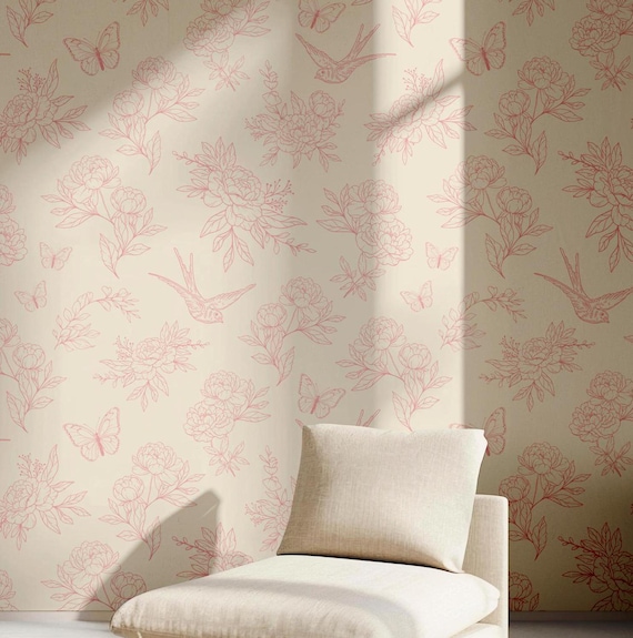 Pink toile wallpaper, vintage wall paper for bedroom, floral peel and stick wallpaper, toile de jouy wallpaper, botanical wall paper