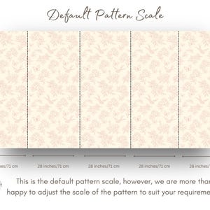 May include: A graphic showing the default pattern scale for a wallpaper design. The design features a delicate pink floral pattern with small birds. The scale is shown as five 28-inch sections.