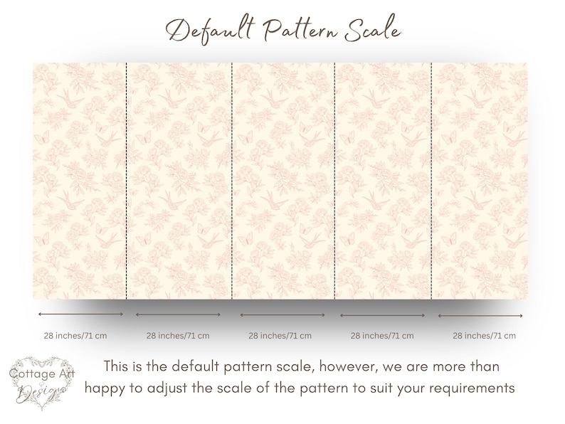 May include: A graphic showing the default pattern scale for a wallpaper design. The design features a delicate pink floral pattern with small birds. The scale is shown as five 28-inch sections.