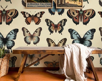 Vlinderbehang, crème retrobehang, funky behang, maximalistisch behang, huurdersbehang, verwijderbaar behang, crème, wanddecor