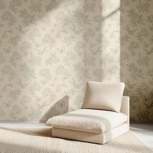 Carta da parati toile verde, carta da parati vintage per camera da letto, carta da parati floreale staccabile e attaccabile, carta da parati toile de jouy, carta da parati botanica