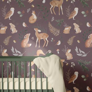 Kid's nursery wallpaper, forest wall paper, woodland wallpaper, woodland wall decal, self adhesive, pasted and unpasted wall paper, mauve