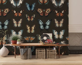 Papel tapiz de mariposas, papel tapiz retro marrón oscuro, papel tapiz moderno, papel tapiz maximalista, papel tapiz para inquilinos, papel tapiz removible, decoración de paredes