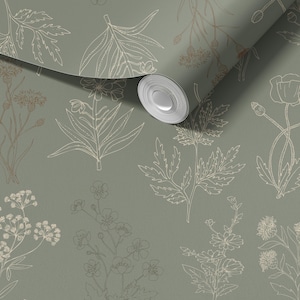 Sage Green Floral Wallpaper - Mille Fleur Botanical Wall Art - Peel and Stick