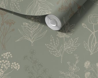Sage Green Floral Wallpaper - Mille Fleur Botanical Wall Art - Peel and Stick