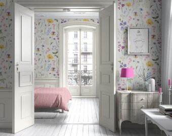 Summer meadow wall mural, cozy cottage floral peel and stick wallpaper, botanical wallpaper cream, wallpaper peel and stick modern farmhouse