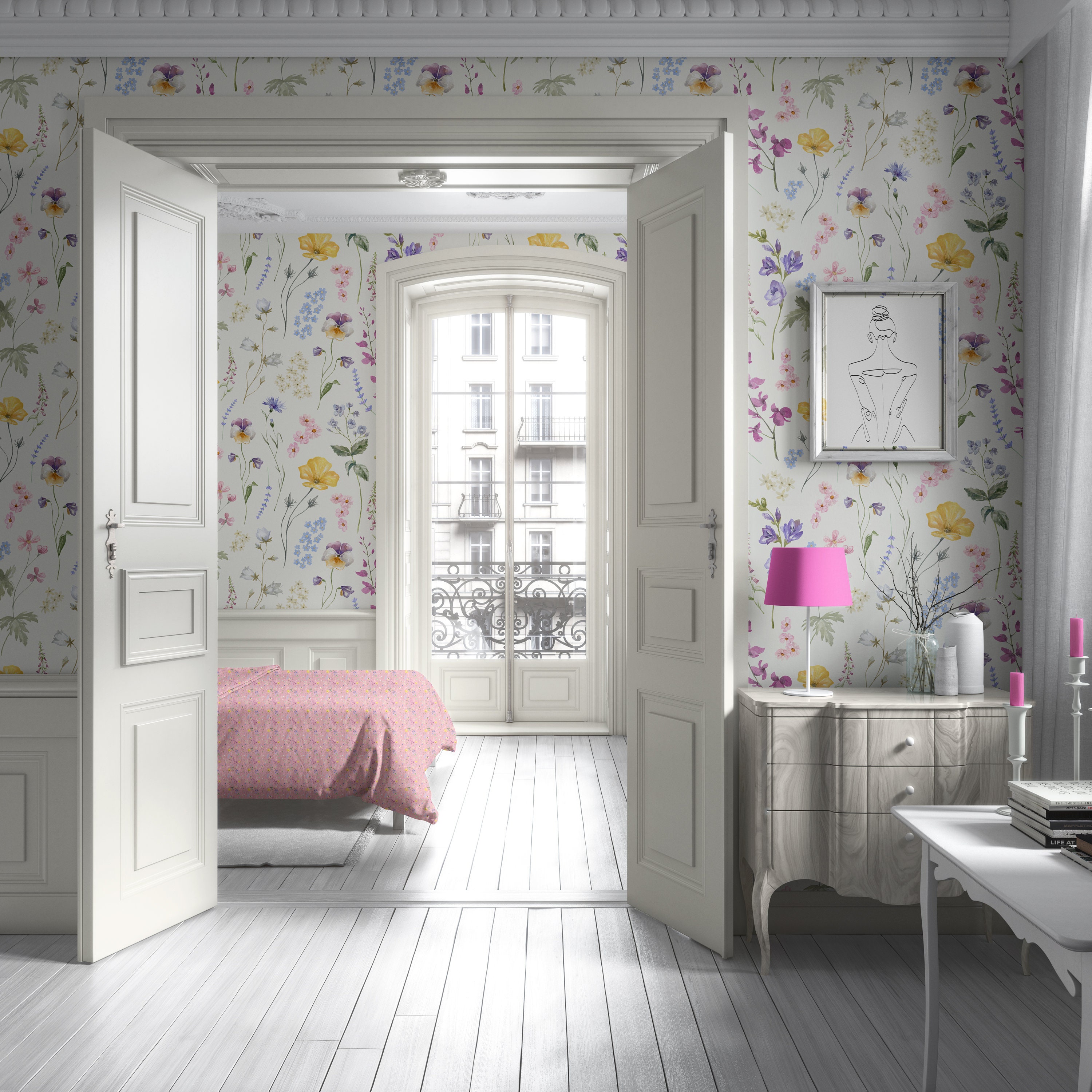 Summer Meadow Wall Mural, Cozy Cottage Floral Peel and Stick Wallpaper ...