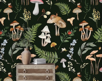 Mushroom wallpaper, forest wallpaper, woodland wallpaper, dark wallpaper, funky wallpaper, dark green wallpaper, renters wallpaper