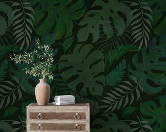 Dark wallpaper, tropical wallpaper, jungle wallpaper, botanical wallpaper, maximalist wallpaper, renters wallpaper, removable wallpaper