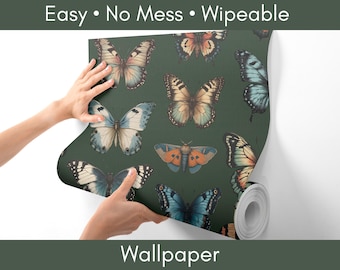 Fondo de pantalla de mariposa, fondo de pantalla retro verde oscuro, fondo de pantalla funky, fondo de pantalla maximalista, fondo de pantalla de inquilinos, fondo de pantalla extraíble, decoración de pared