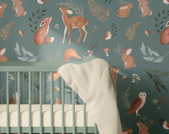 Bosdierenkwekerijbehang, kinderbehang, afpellen en plakken, afveegbaar kinderbehang, zelfklevend behang voor kinderkamer